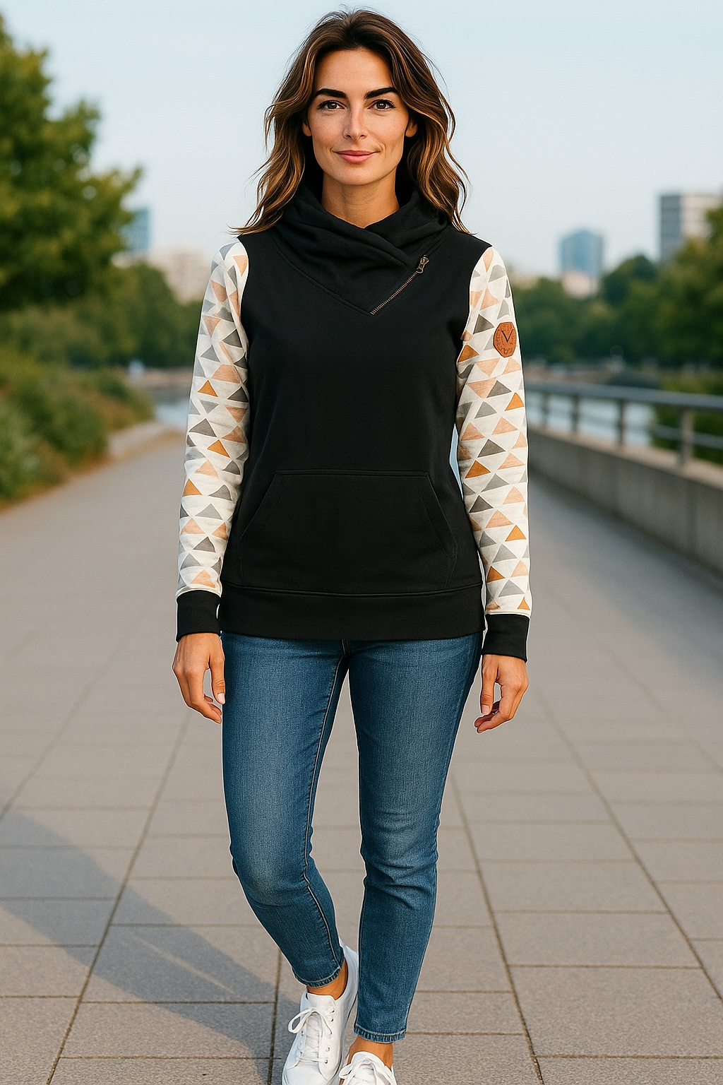 Zoey Zip Cowl- Black & Geometric