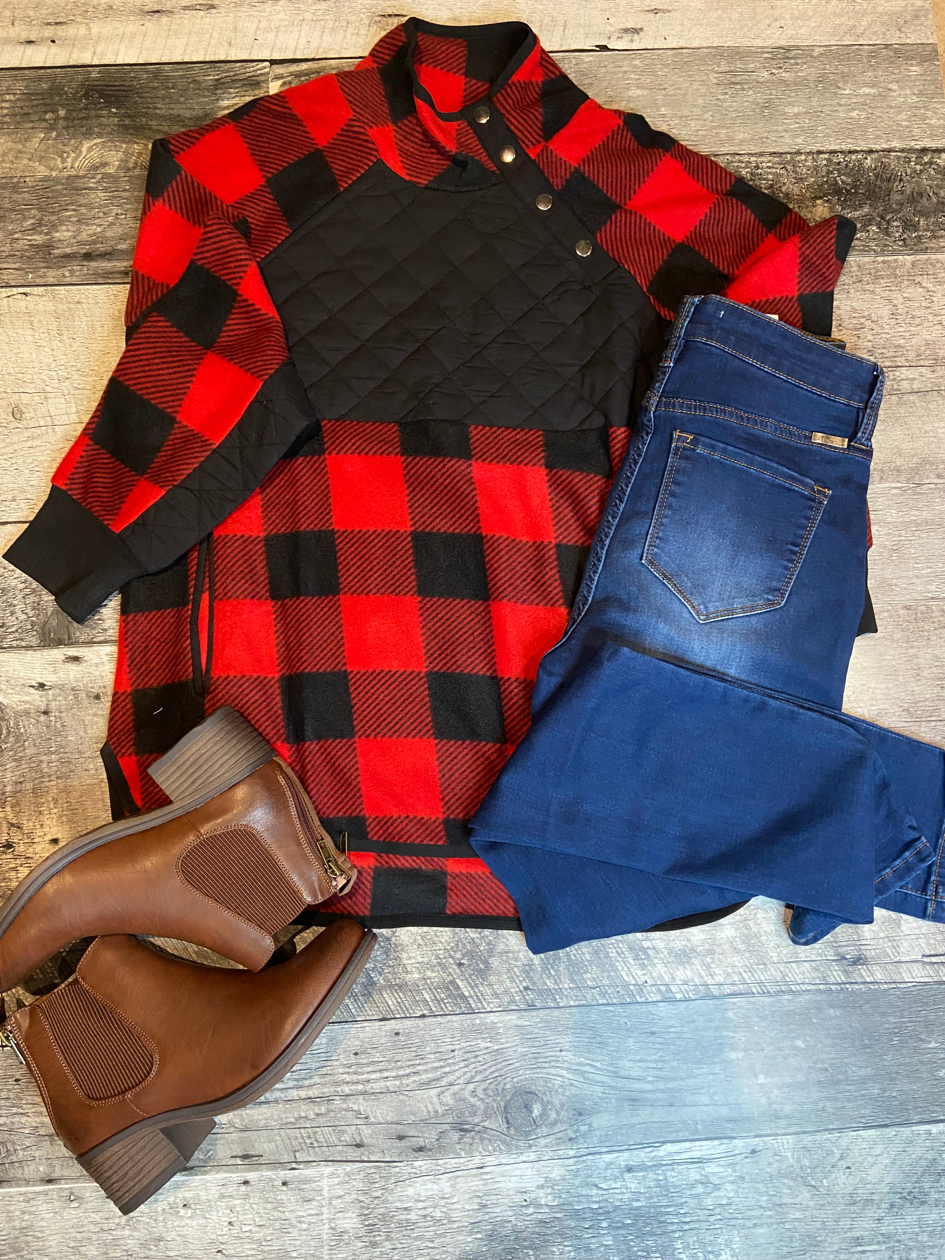 Red & Black Plaid Fleece Contrast Sherpa Pullover