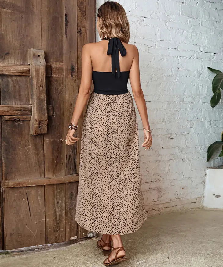 Black Halter Leopard Side Split Midi Dress JW Rose Boutique