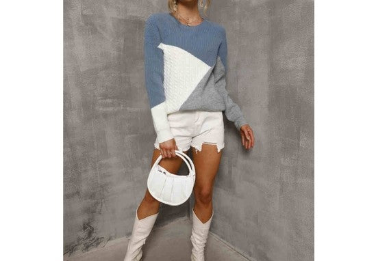 Mixed Cable Knit Color Block Sweater