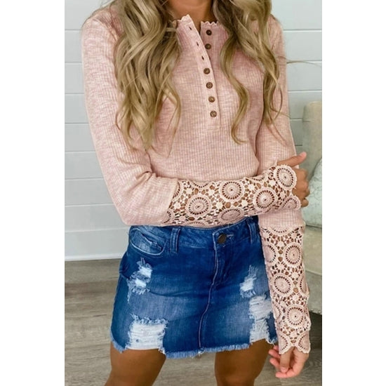 Round Neck Lace Patchwork Sleeve Topped
