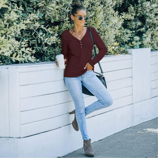 Burgundy Ruched Front Button Tee