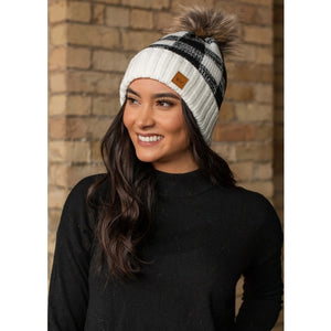 Cable Knit Fleece Lined Hat with Pom Detail